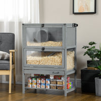 HKM-1926461 Large Wooden Hamster Cage with Storage Shelf, Seesaw, Running Wheel, and Sliding Tray, 35.5" High Small Animal Habitat