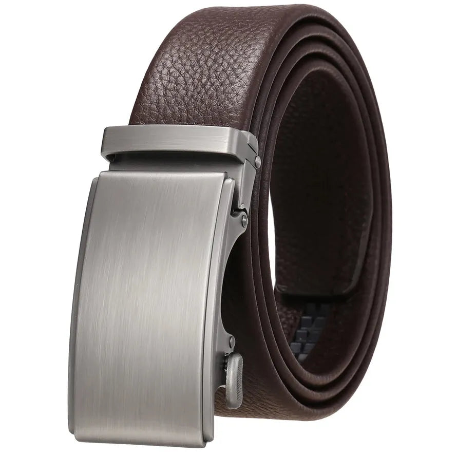 HKM-192659 Men's Automatic Buckle Belt with Zinc Alloy Buckle and First Layer Cowhide Leather