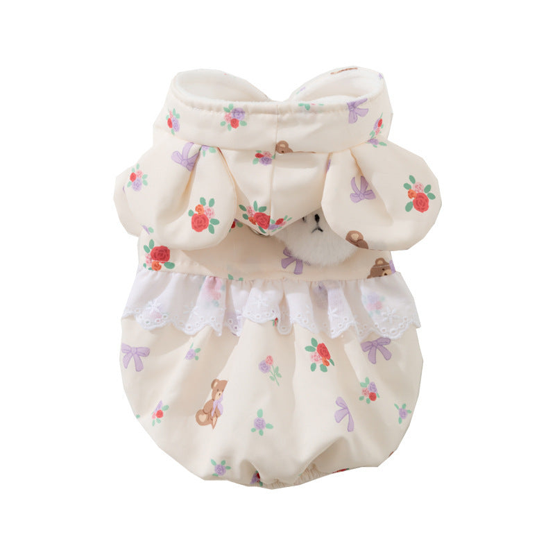 HKM-1927357 Floral Bear Two-Legged Cotton-Padded Dress for Kittens and Small Dogs with Lace Trims and Bunny Charm