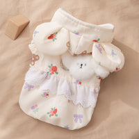 HKM-1927357 Floral Bear Two-Legged Cotton-Padded Dress for Kittens and Small Dogs with Lace Trims and Bunny Charm