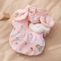 HKM-1927357 Floral Bear Two-Legged Cotton-Padded Dress for Kittens and Small Dogs with Lace Trims and Bunny Charm