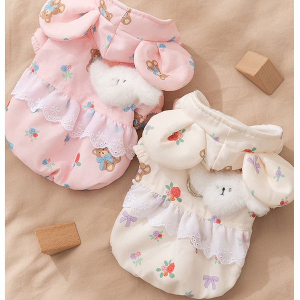 HKM-1927357 Floral Bear Two-Legged Cotton-Padded Dress for Kittens and Small Dogs with Lace Trims and Bunny Charm
