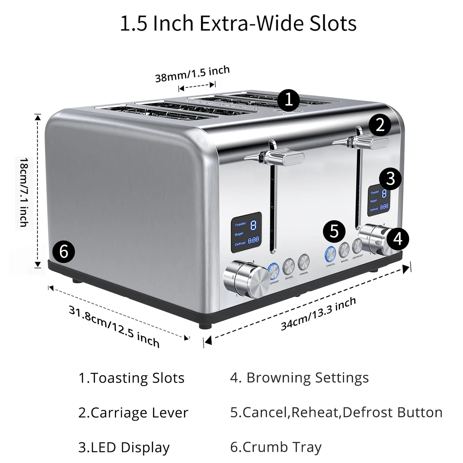 HKM-192851 Digital 4-Slice Electric Toaster with LED Display for Even Toasting and Smart Settings
