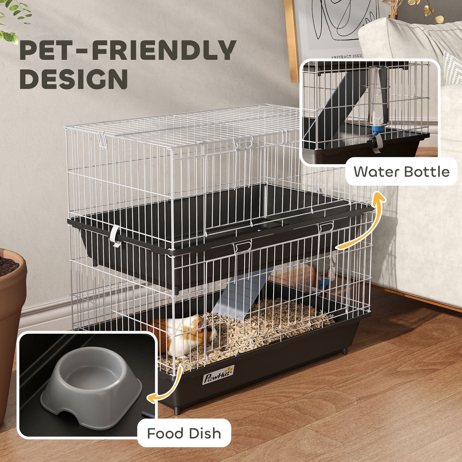 HKM-1932221 2-Tier Small Animal Cage for Rabbits, Ferrets, Chinchillas with Ramp and Accessories - Black