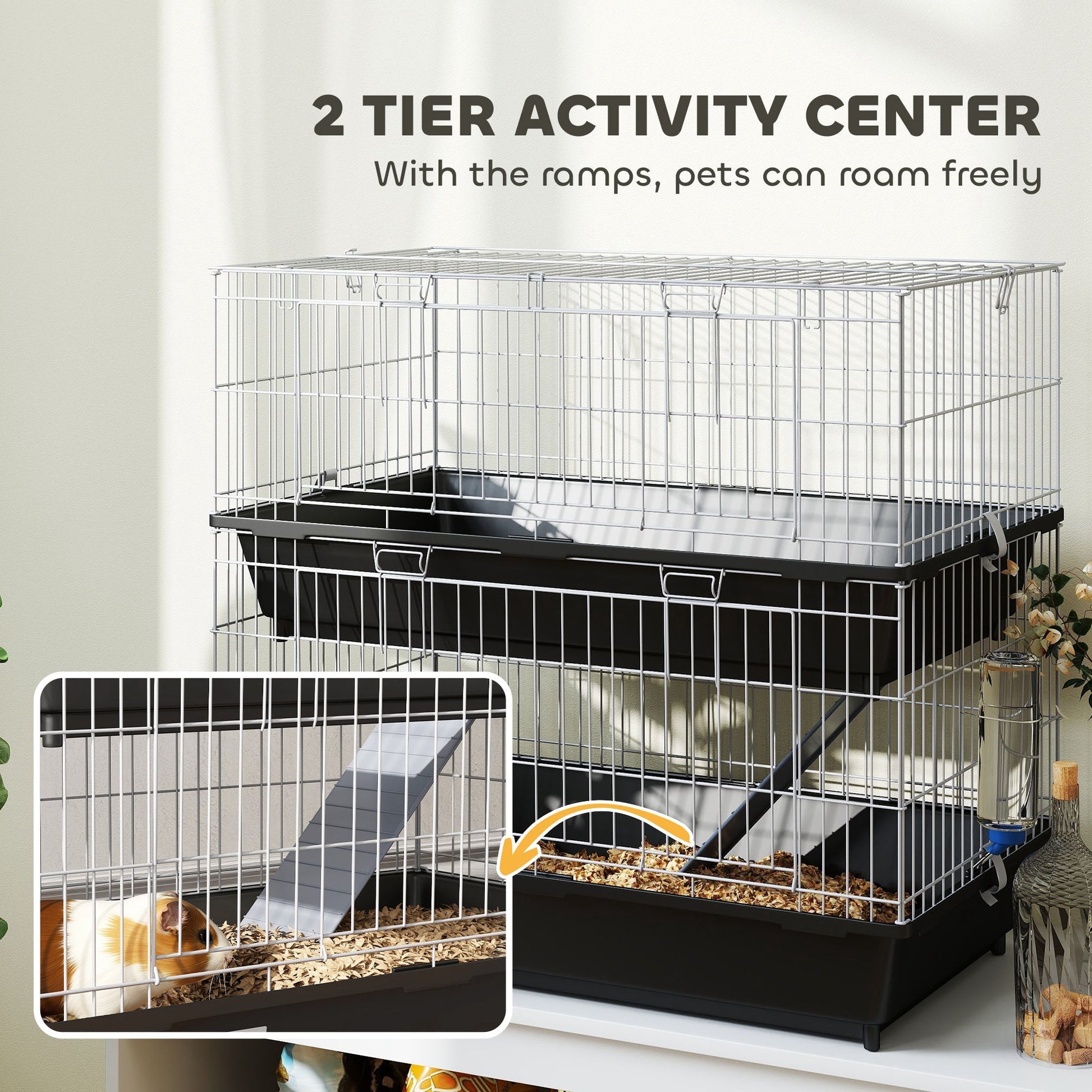 HKM-1932221 2-Tier Small Animal Cage for Rabbits, Ferrets, Chinchillas with Ramp and Accessories - Black