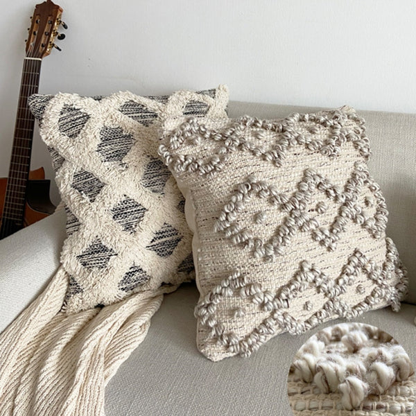 HKM-193235 Handwoven Beige Geometric Throw Pillow Cover with Tassels, 45x45cm