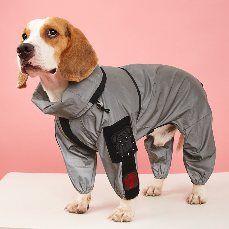 HKM-1932733 Reflective Waterproof Four-Legged Raincoat for Large Dogs - PU Coated Fabric, Casual Style