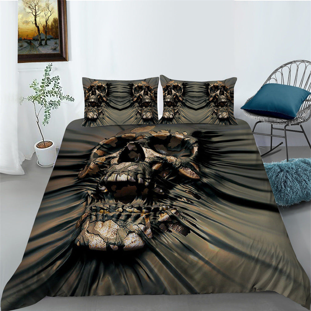 HKM-193427 3D Printed Skull Three-Piece Bedding Set with Duvet Cover, Sheet, and Pillowcase, 200x230cm