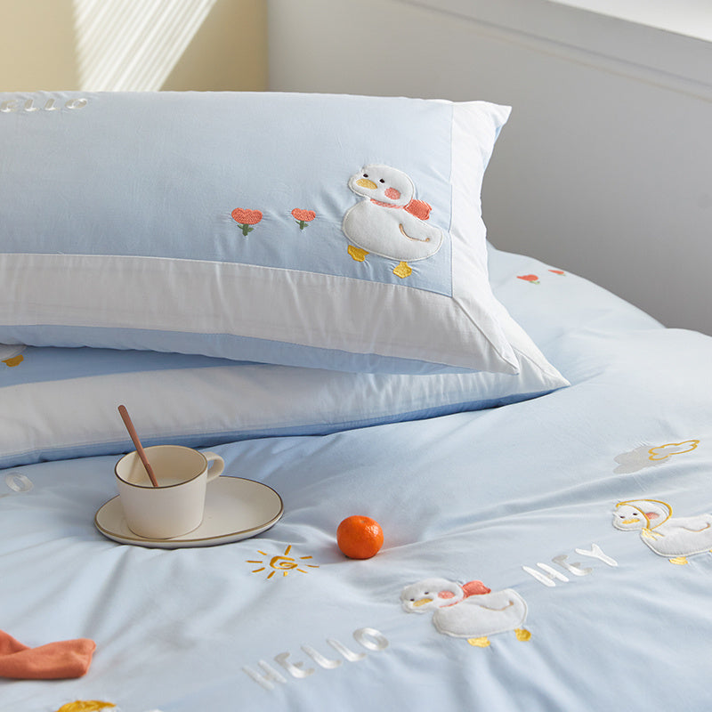 HKM-193427 Cotton Cartoon Duvet Cover Set with Cute Duck Design in Multiple Colors