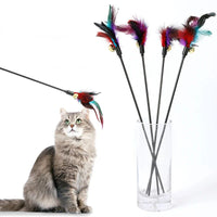 HKM-193555 Rainbow Color Feather Toys Funny Cat Stick Plush Feathers With Bells Teaser Stick Interactive Pet Cat Playing Training Toy