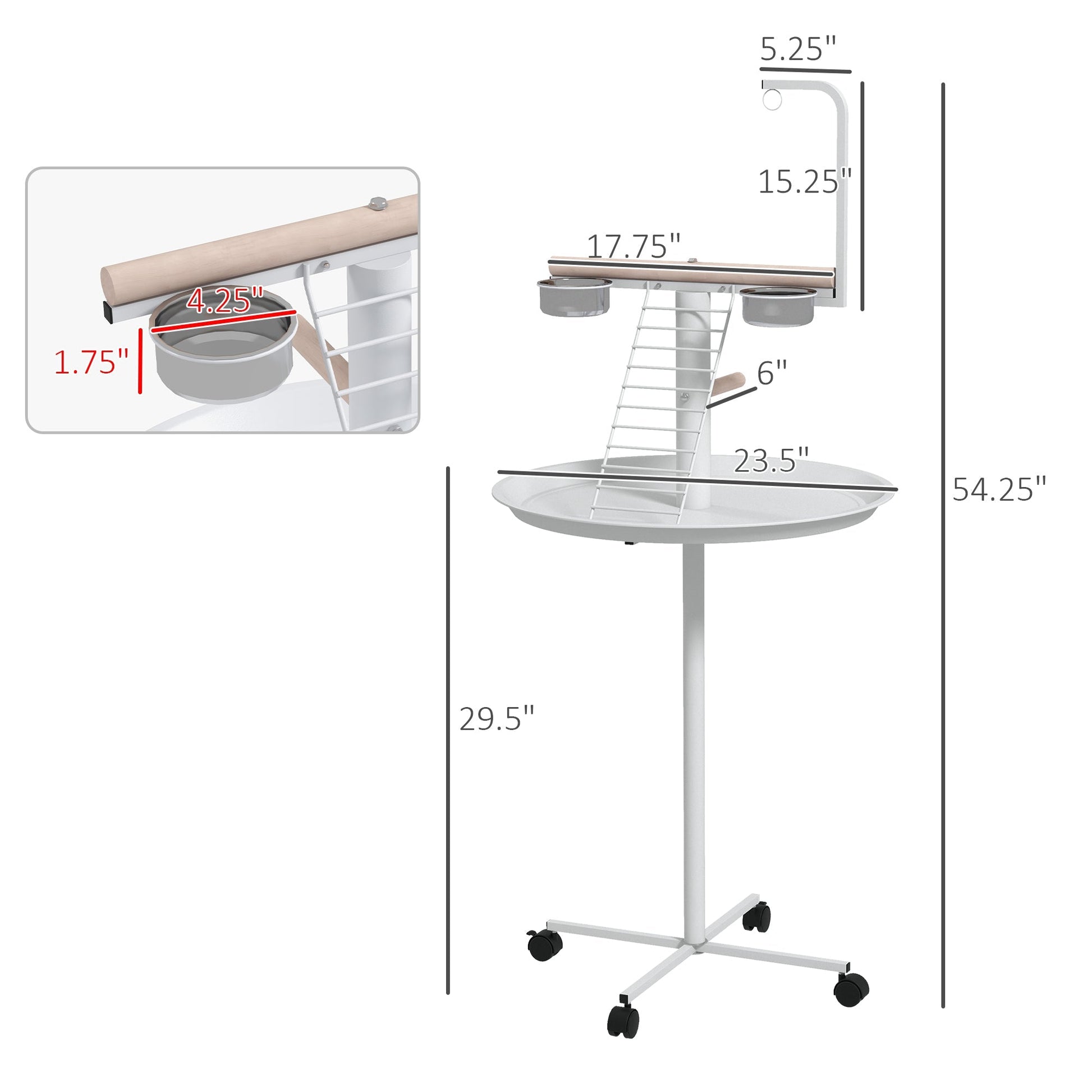 HKM-1936189 Portable Bird Stand with Wheels, Stainless Steel Bowls, Perches and Round Pallet for Small Parrots