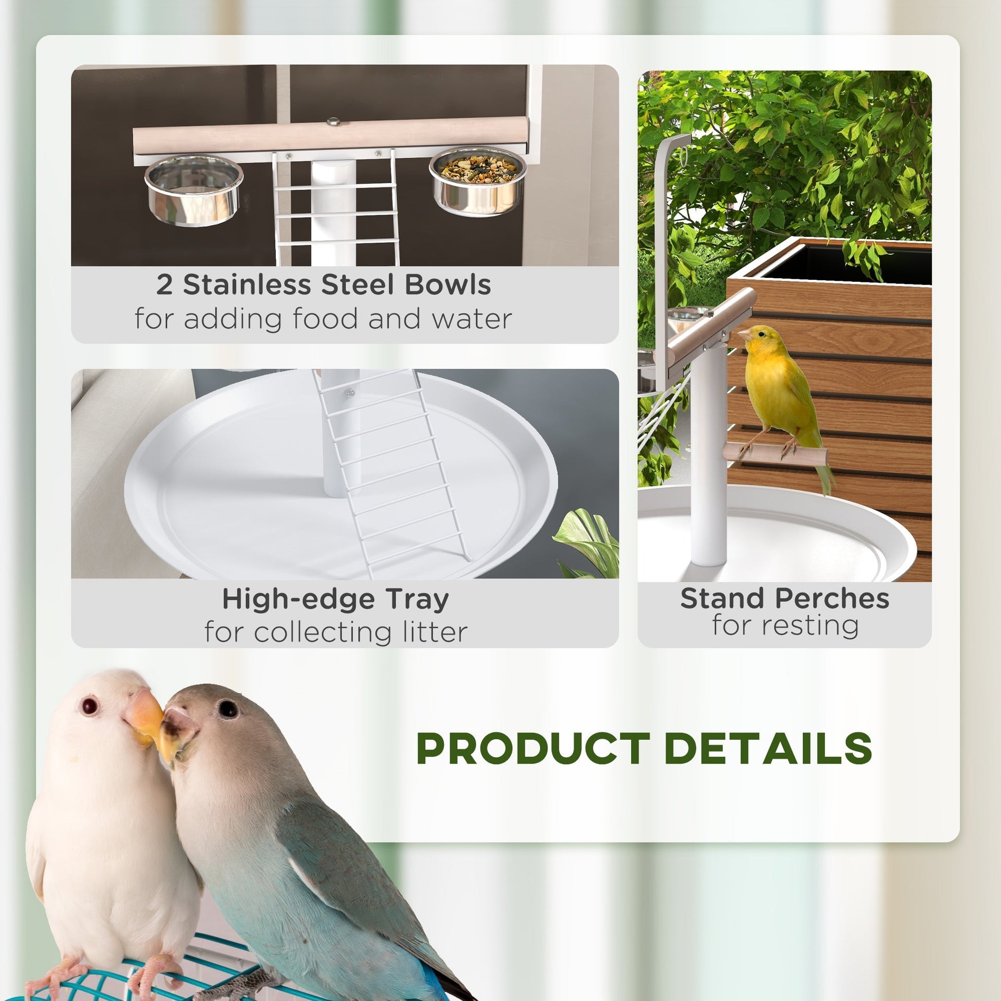 HKM-1936189 Portable Bird Stand with Wheels, Stainless Steel Bowls, Perches and Round Pallet for Small Parrots