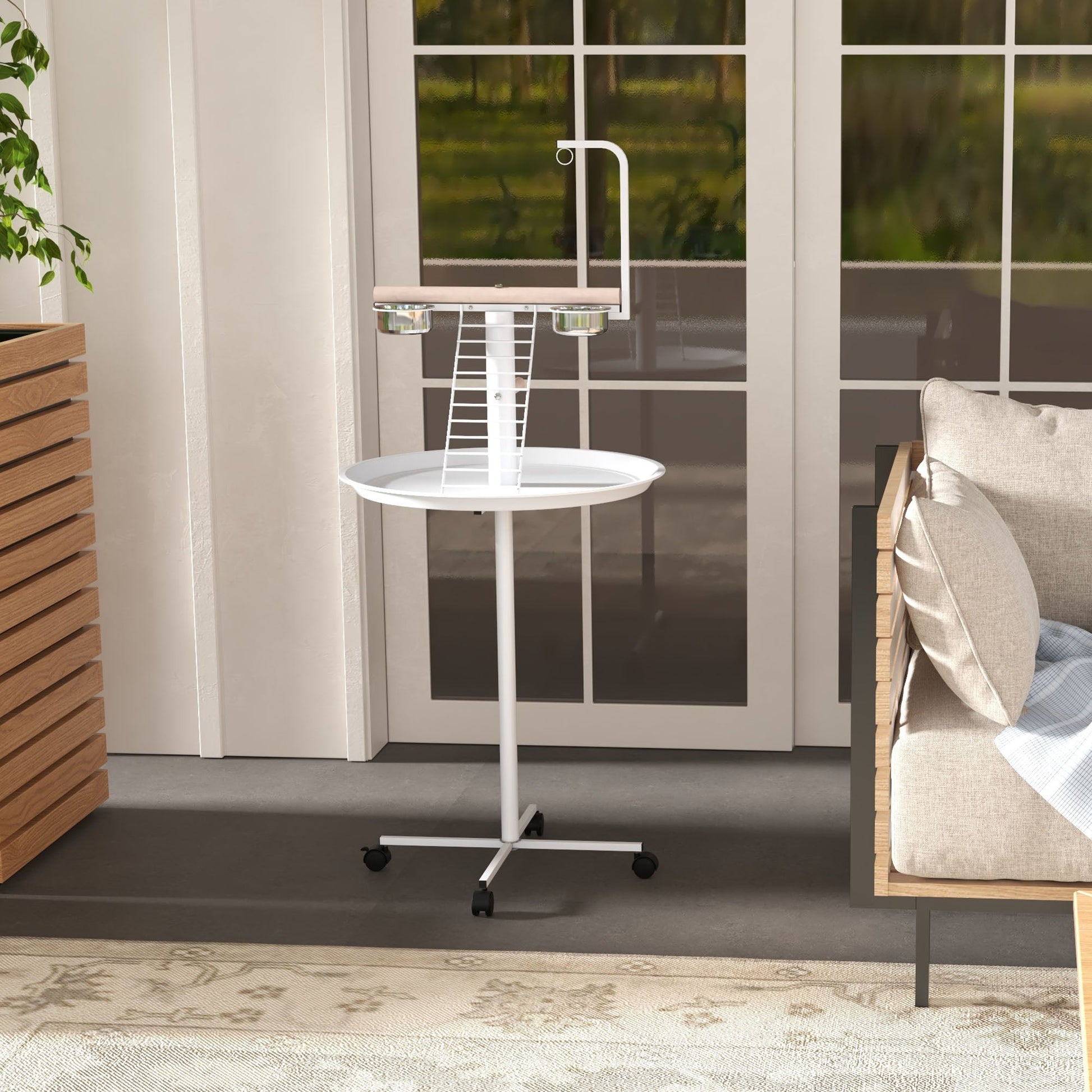 HKM-1936189 Portable Bird Stand with Wheels, Stainless Steel Bowls, Perches and Round Pallet for Small Parrots