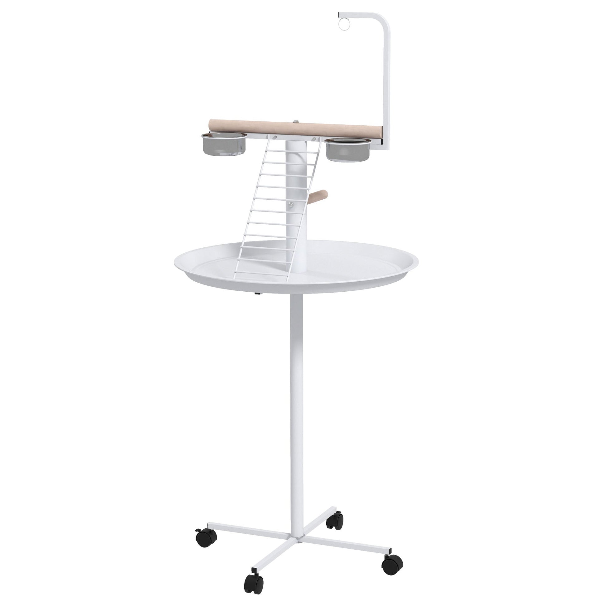 HKM-1936189 Portable Bird Stand with Wheels, Stainless Steel Bowls, Perches and Round Pallet for Small Parrots