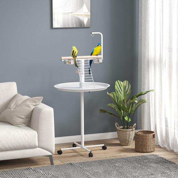 HKM-1936189 Portable Bird Stand with Wheels, Stainless Steel Bowls, Perches and Round Pallet for Small Parrots