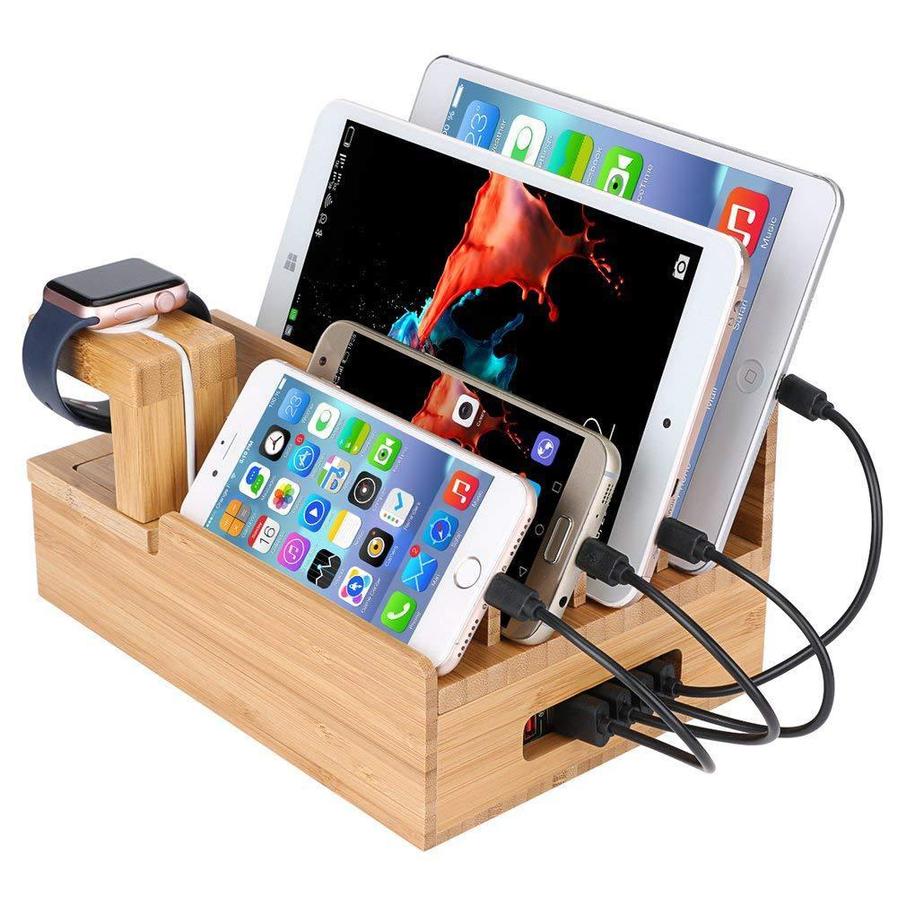 HKM-193811 Wooden Bamboo Charging Station for iPhone, iPad, Apple Watch, and Tablets