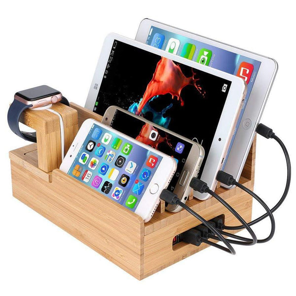 HKM-193811 Wooden Bamboo Charging Station for iPhone, iPad, Apple Watch, and Tablets