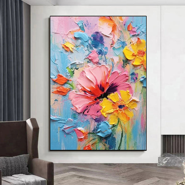 HKM-194195 Hand-Painted Colorful Flower Oil Painting on Canvas with Thick Texture – Ideal Home Decor for Living Room and Bedroom