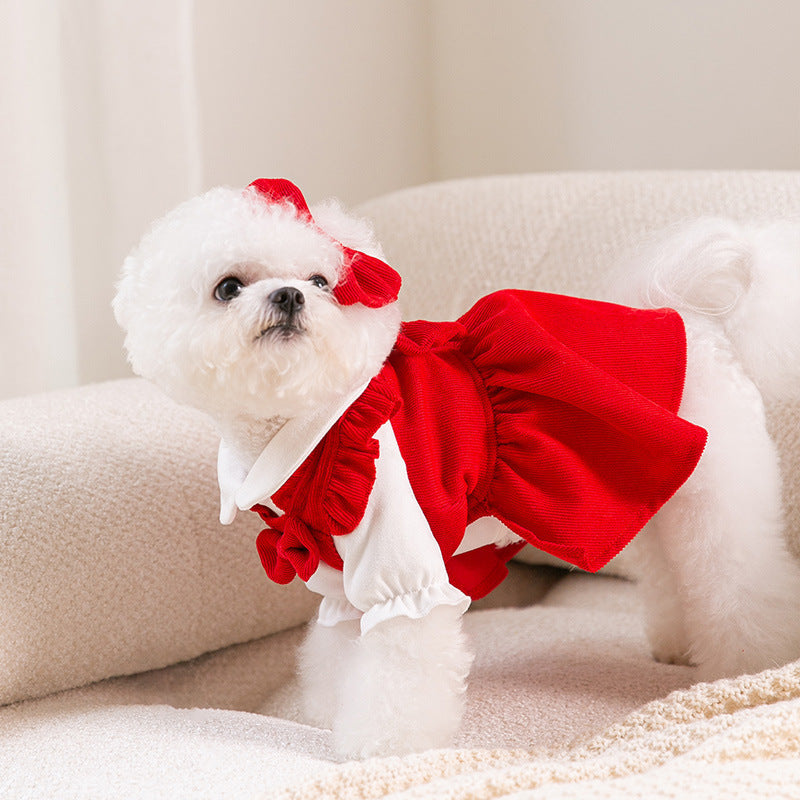 HKM-1942461 Puppy New Year Princess Costume in Red Corduroy ¨C Size XS to XL Available