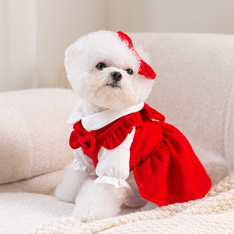 HKM-1942461 Puppy New Year Princess Costume in Red Corduroy ¨C Size XS to XL Available