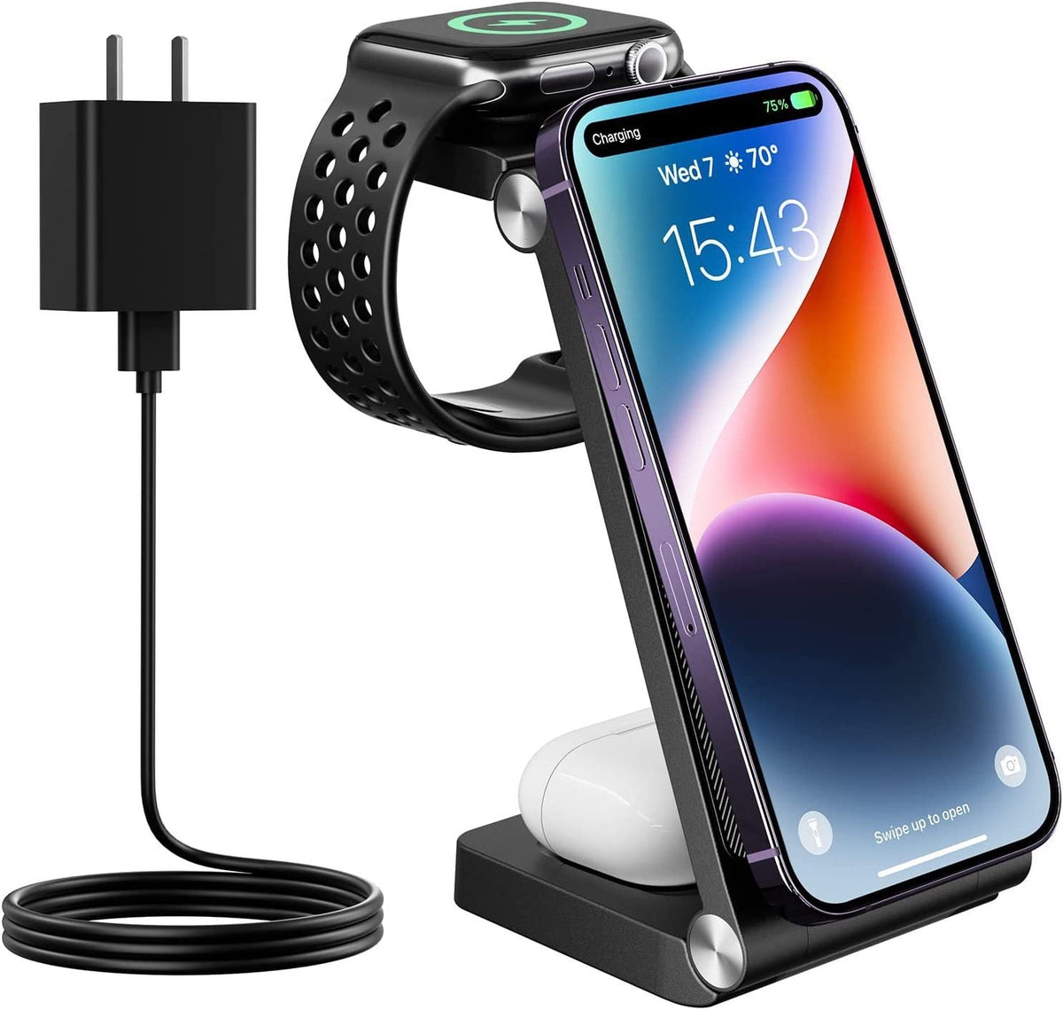 HKM-194515 Vertical Folding Magnetic 3-in-1 Wireless Charger - Black & White