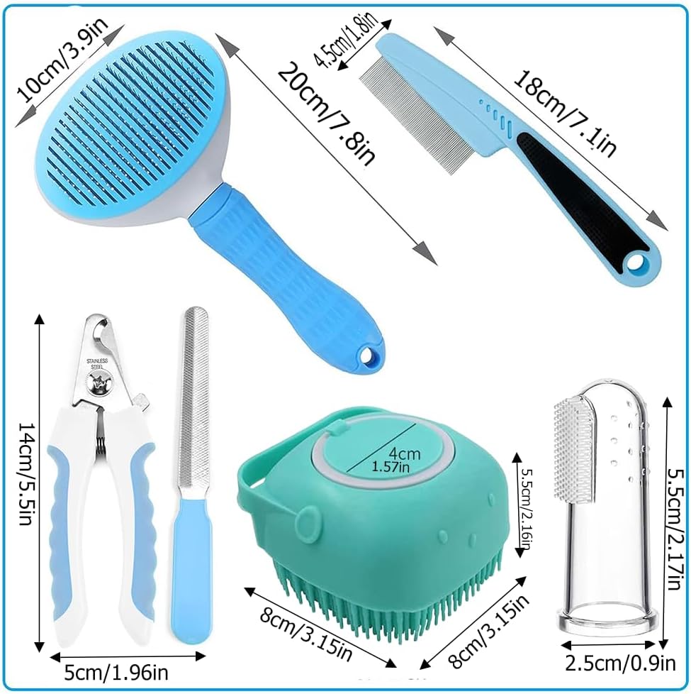 HKM-1945661 7-Piece Pet Grooming Set with Self-Cleaning Brush, Nail Clipper, Flea Comb, Bath Brush, and Toothbrush