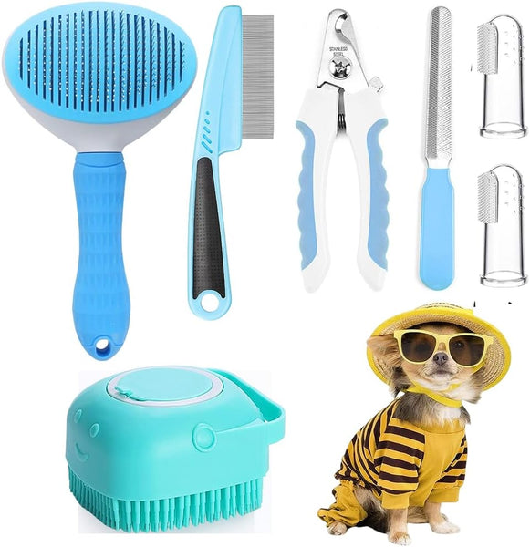 HKM-1945661 7-Piece Pet Grooming Set with Self-Cleaning Brush, Nail Clipper, Flea Comb, Bath Brush, and Toothbrush