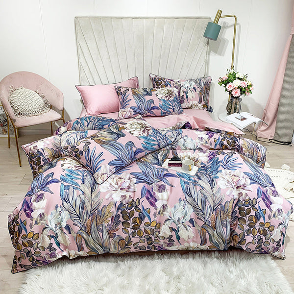HKM-194579 Cotton Plant Flower Duvet Cover Set, Long-staple Cotton Bedding, 4-Piece Full Set for Various Bed Sizes
