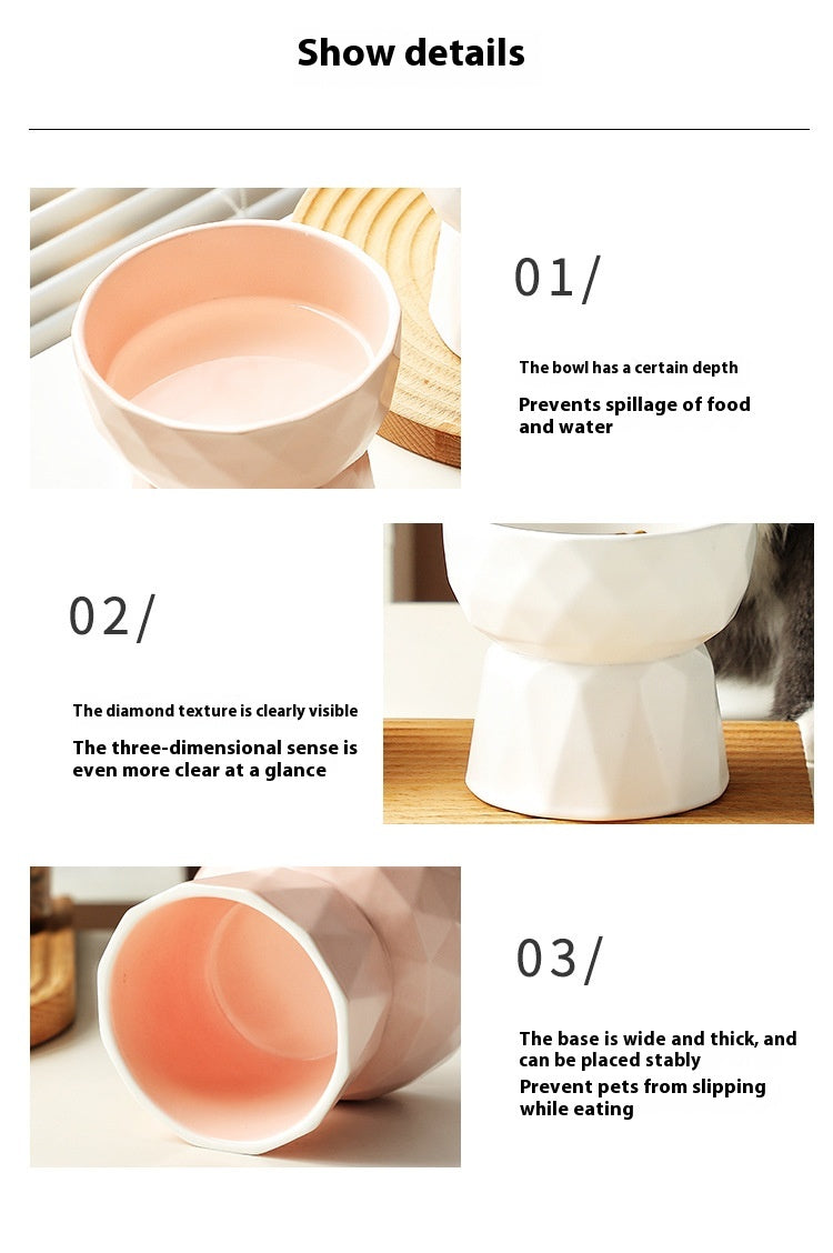 HKM-1950013 Ceramic High Foot Cat Bowl - Available in White, Pink, and Green Options