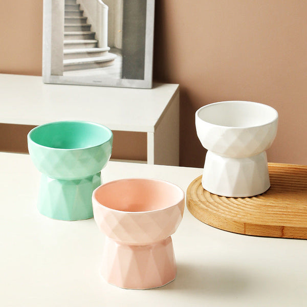 HKM-1950013 Ceramic High Foot Cat Bowl - Available in White, Pink, and Green Options