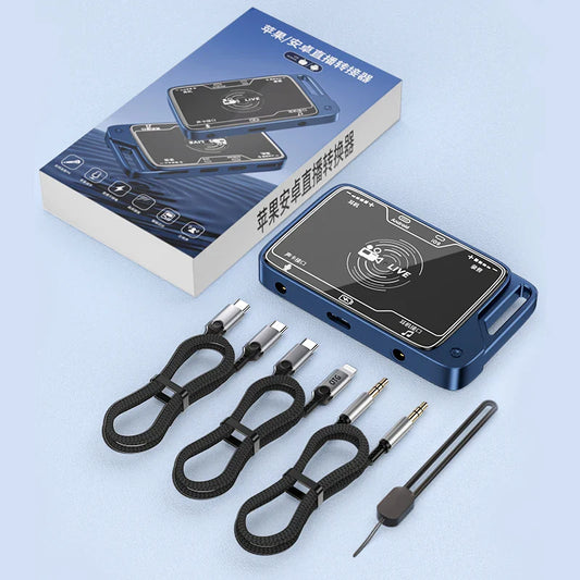 HKM-195155 2-in-1 Stereo Sound Card Adapter for iPhone and Type-C Phones with Charging Capability During Live Broadcasts