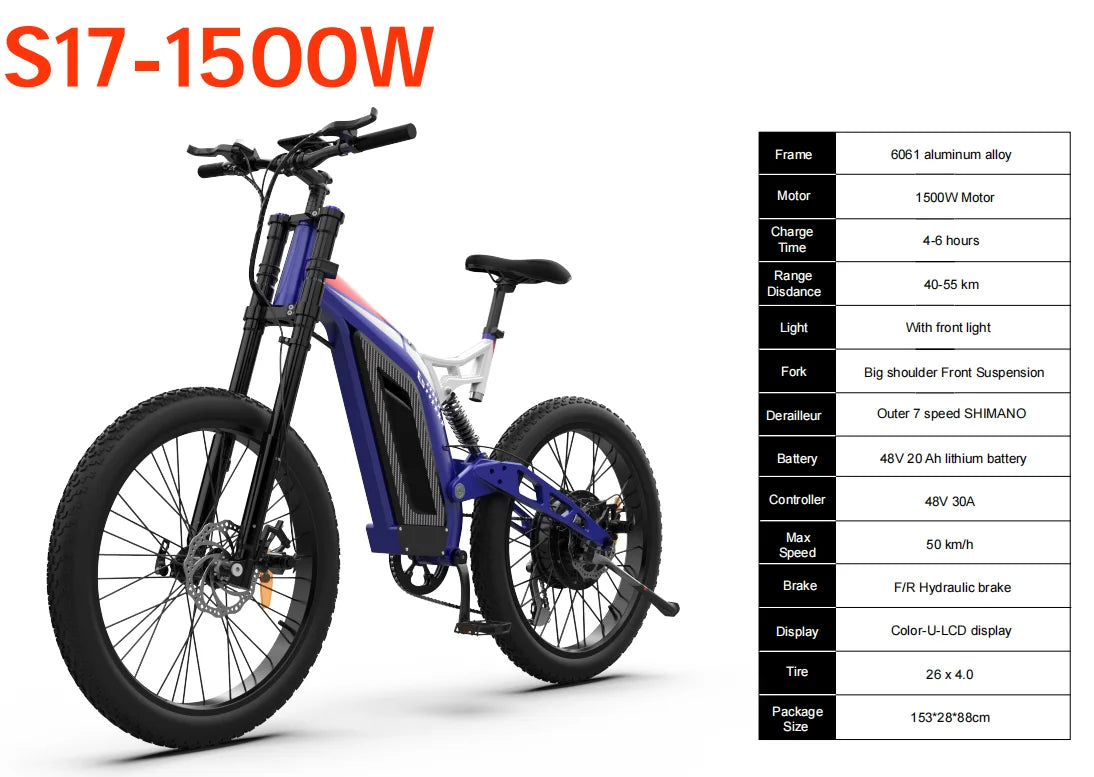 HKM-195731 48V 20Ah Electric Bike with 7-Speed Gears, Hydraulic Brakes, and 26" Aluminum Alloy Frame