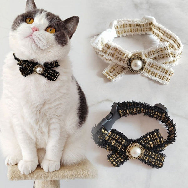 HKM-1957565 Elegant Black and White Cotton Cat Bow Tie Pet Collar - Size M and L Options Available