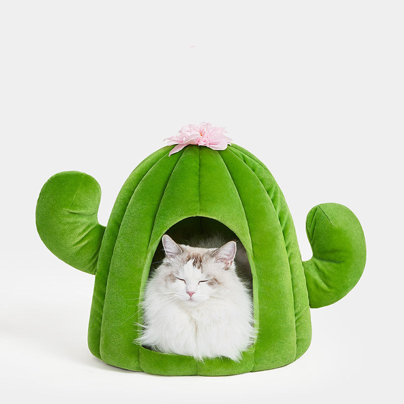 HKM-1959613 Cactus Pet Nest Plus Velvet Cat Bed - Dark Green, Medium Size, 100% Polyester & Polypropylene EPE