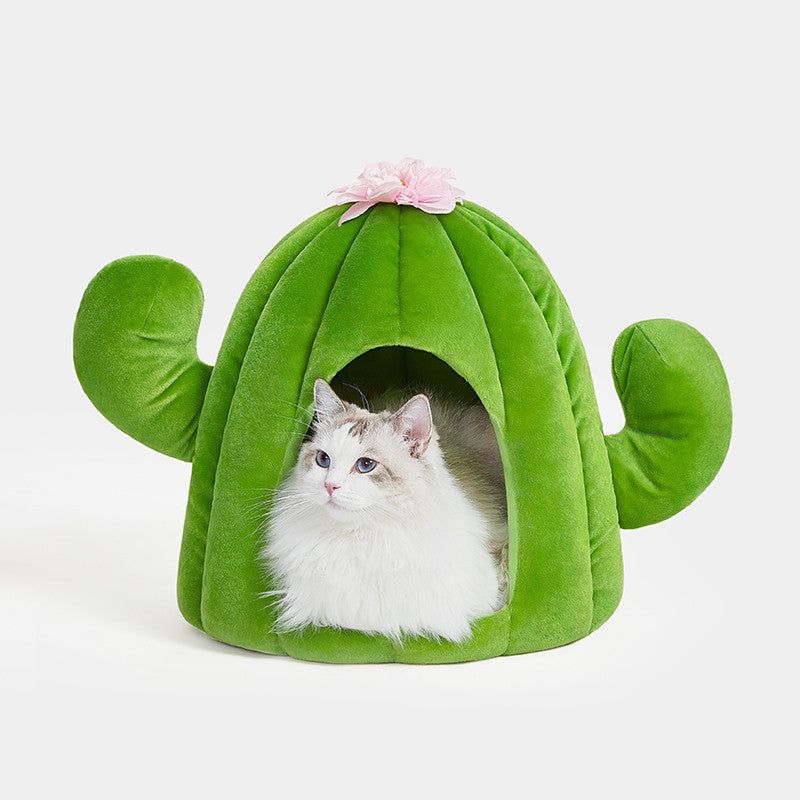 HKM-1959613 Cactus Pet Nest Plus Velvet Cat Bed - Dark Green, Medium Size, 100% Polyester & Polypropylene EPE