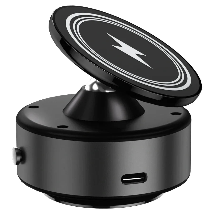 HKM-196307 15W Magnetic Wireless Car Charger Mount with 360-Degree Rotation and Stable Glass Vacuum Adsorption for Easy Mobile Screen Access