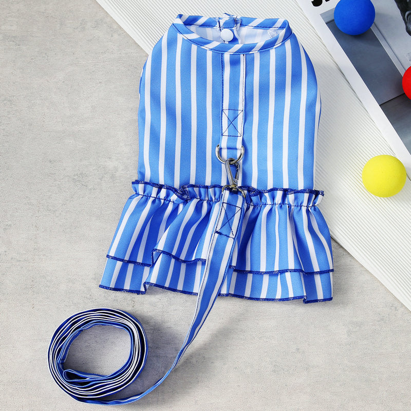 HKM-1963709 Casual Blue and Yellow Skirt for Small to Medium Dogs, 25% Cotton and 75% Polyester, Includes Lead Rope