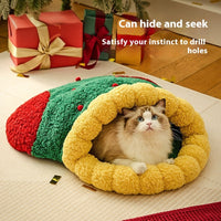 HKM-1964605 Christmas Style Deep Sleep Cat Nest with Lamb Wool and Oxford Fabric Tunnel – Available in Two Sizes