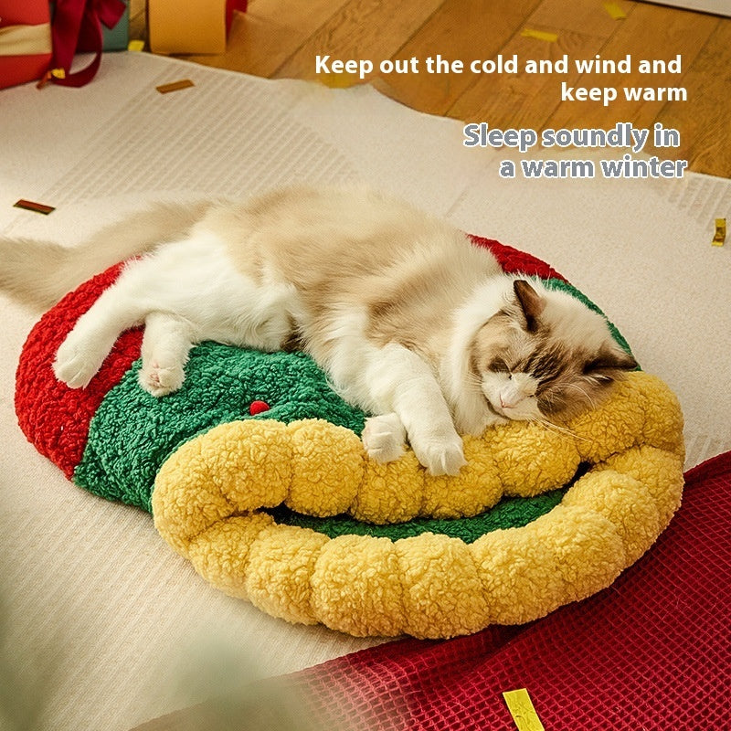 HKM-1964605 Christmas Style Deep Sleep Cat Nest with Lamb Wool and Oxford Fabric Tunnel – Available in Two Sizes