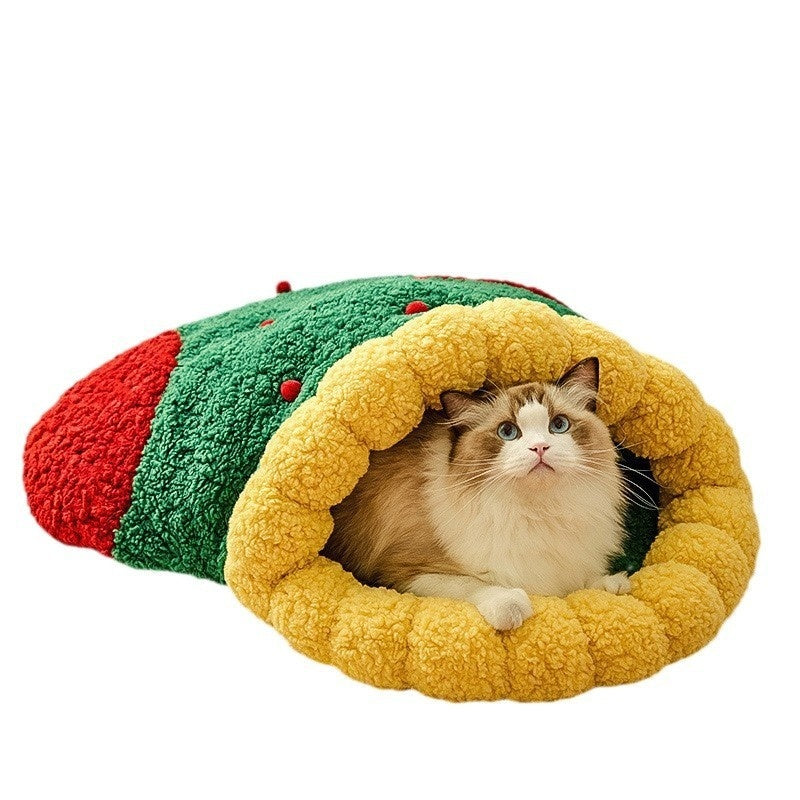 HKM-1964605 Christmas Style Deep Sleep Cat Nest with Lamb Wool and Oxford Fabric Tunnel – Available in Two Sizes