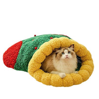 HKM-1964605 Christmas Style Deep Sleep Cat Nest with Lamb Wool and Oxford Fabric Tunnel – Available in Two Sizes