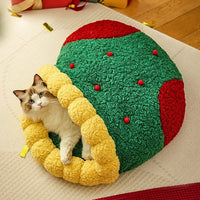 HKM-1964605 Christmas Style Deep Sleep Cat Nest with Lamb Wool and Oxford Fabric Tunnel – Available in Two Sizes
