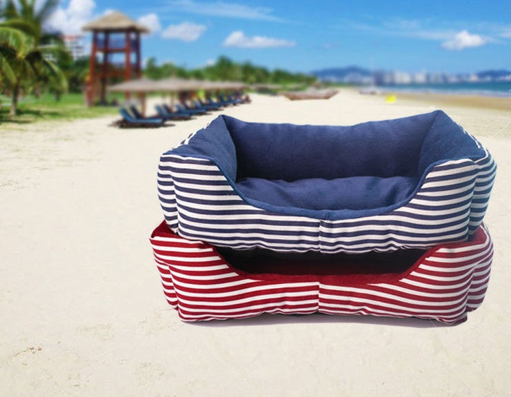 HKM-1965373 Retro Square Pet Nest Sofa with Classic Monochrome Stripes in Red and Blue, Available in Multiple Sizes
