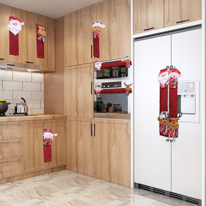 HKM-196691 Christmas Refrigerator Handle Covers Set - 8 Pieces of Flannelette Santa Gloves, Easy to Install and Remove, 38x13 cm