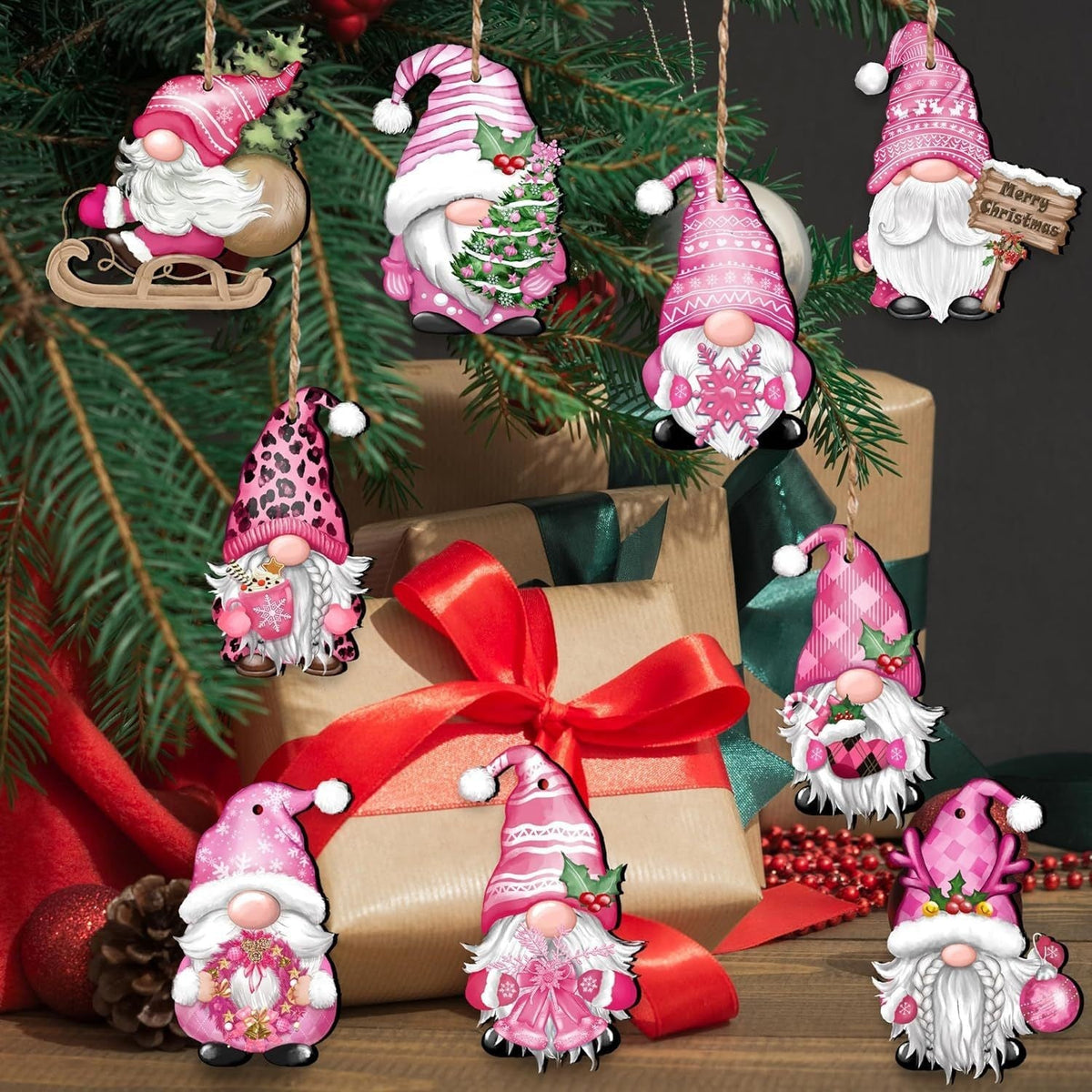 HKM-197011 24-Piece Wooden Christmas Hanging Ornaments Set, Dwarf and Truck Designs