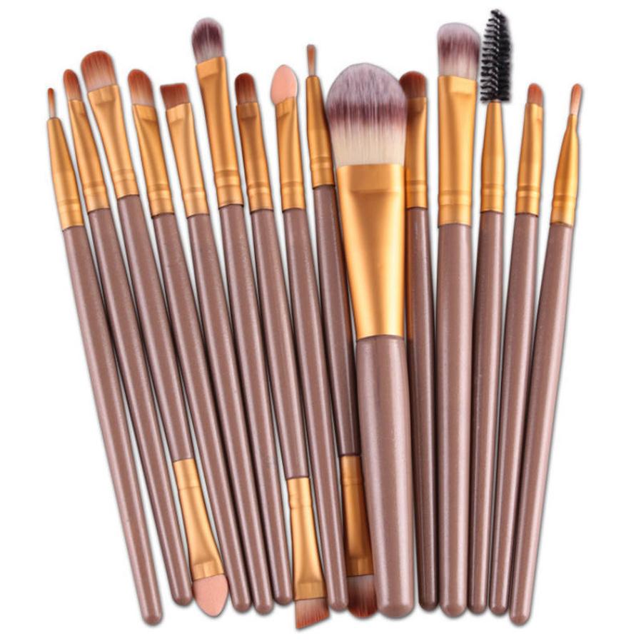 HKM-197779 Champagne Makeup Brush Set - 15 Packs, Rayon Brushes with Plastic Handles