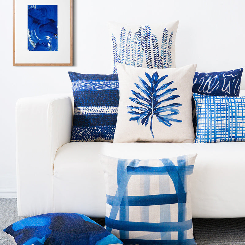 HKM-197779 Mediterranean Blue Cotton and Linen Square Pillow with Geometric Pattern - 45x45cm