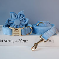 HKM-1978813 Elevate Your Pet's Style with a Monochrome Blue Velvet Dog Collar and Rope Set