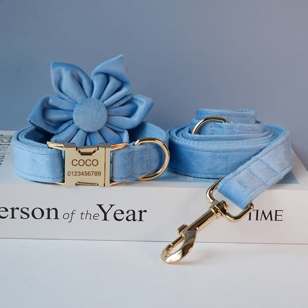 HKM-1978813 Elevate Your Pet's Style with a Monochrome Blue Velvet Dog Collar and Rope Set