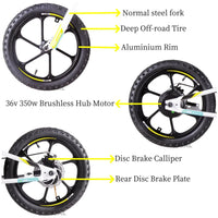 HKM-197971 Electric Powered 2 in 1 Balance Bike for Kids Ages 5-8, 16" Aluminum Frame, Disc Brakes, 350W Motor